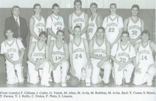 Philo, #22 in the back row, with the Saratoga Springs High School basketball team from the school’s 1991 yearbook